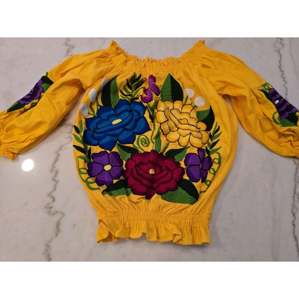 Mexican Floral Embroidered Off Shoulder Smocked Peasant Blouse Large 100% Cotton